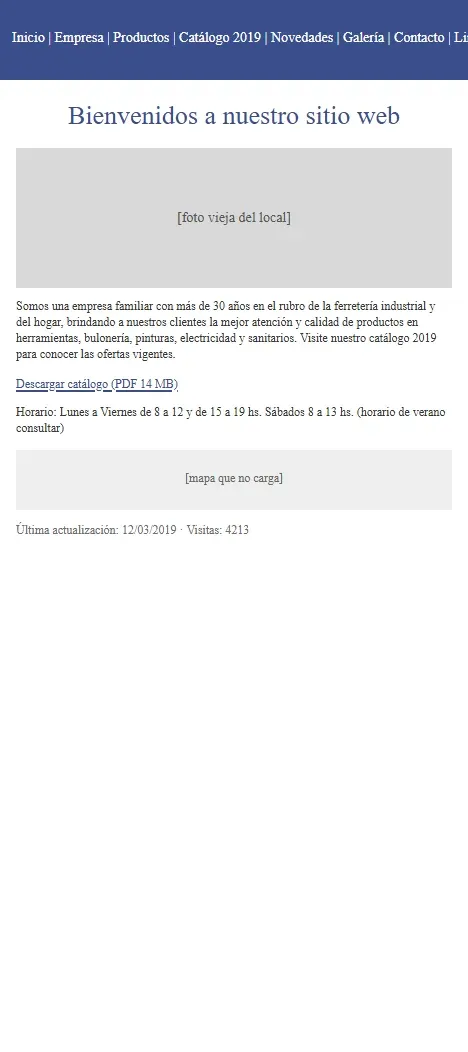 Captura de la web vieja en el celular: menú de ocho opciones cortado, letra diminuta, catálogo de 2019 en PDF y mapa que no carga.