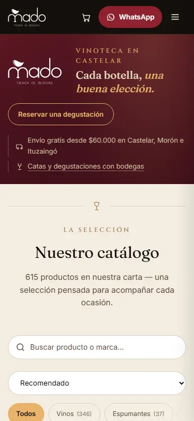 Catálogo online de una vinoteca de Castelar, en celular