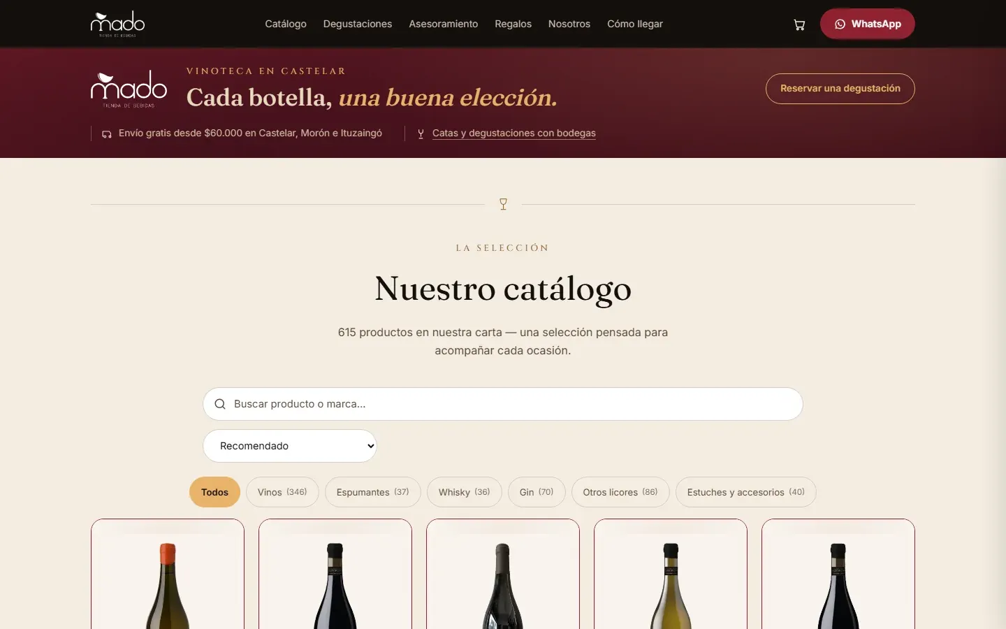 Catálogo online de una vinoteca de Castelar, en computadora